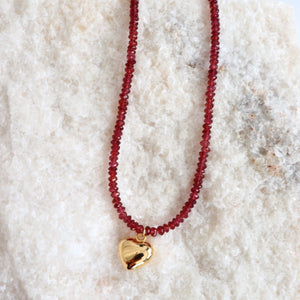 Garnet Puffy Heart Necklace