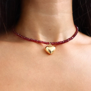 Garnet Puffy Heart Necklace